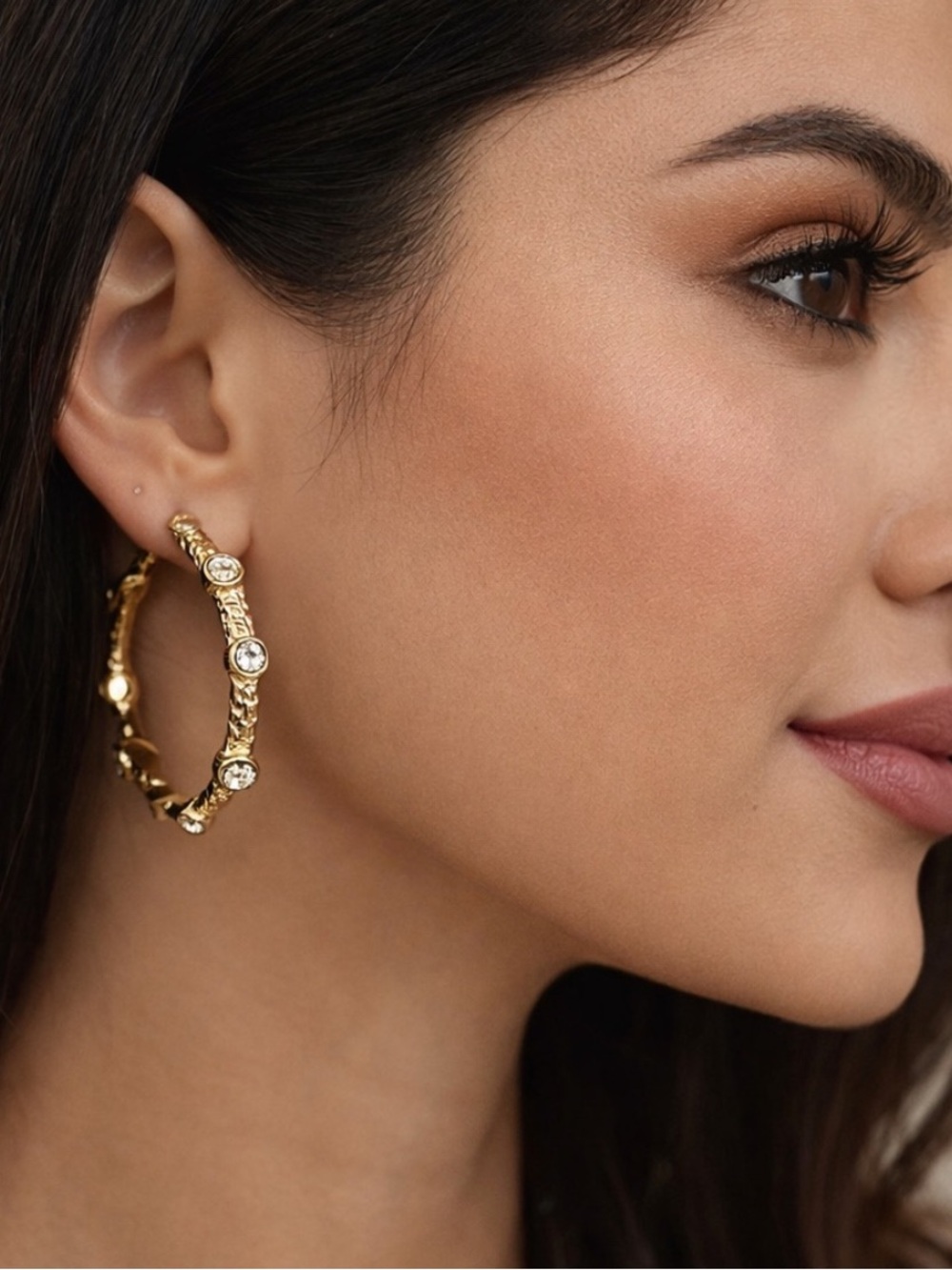 Gold Textured Rhinestone Hoop Earrings | Boutique Statement Hoops